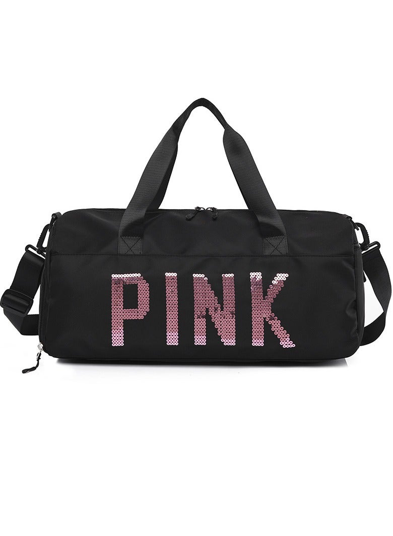 Large Capacity Letter Printed Sequins Luggage Bag Travel Bag Sports And Fitness Bag Dry Wet Separation Duffel Bag Black/Pink