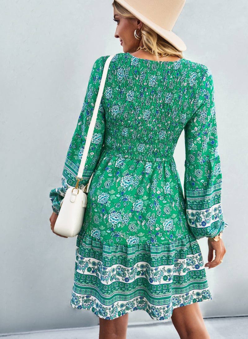 Squality Bohemian Fashion Dress Long Sleeve V-neck Skirt Green