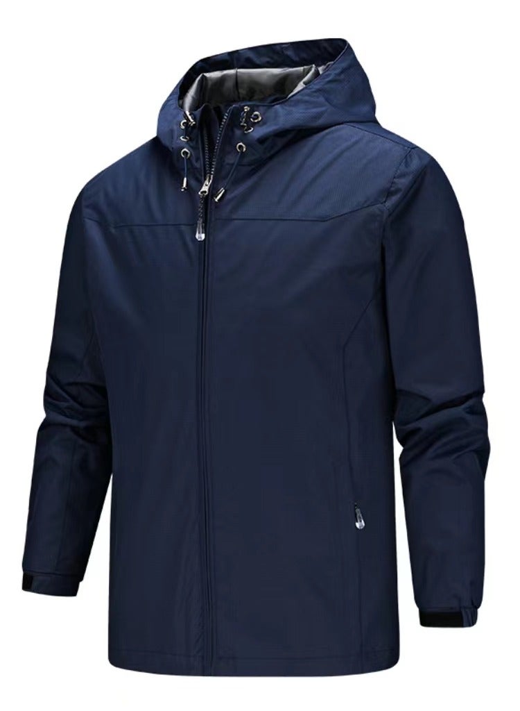 Men's Solid Color Hooded Zippered Slim Fit Outdoor Jacket Long Sleeve Casual Coat Dark Blue