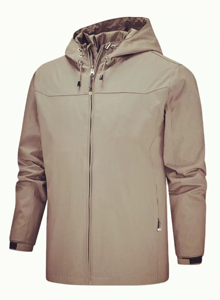 Men's Solid Color Hooded Zippered Slim Fit Outdoor Jacket Long Sleeve Casual Coat Khaki