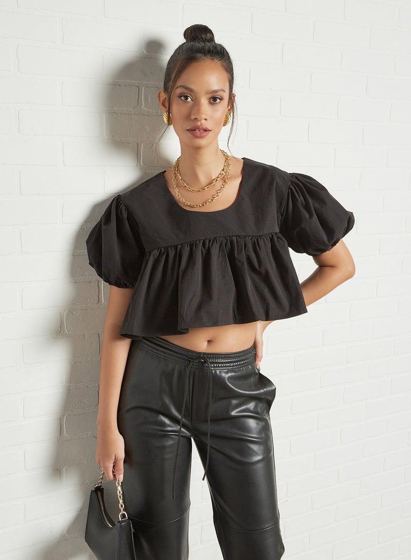 Puffed Sleeve Crop Top Black
