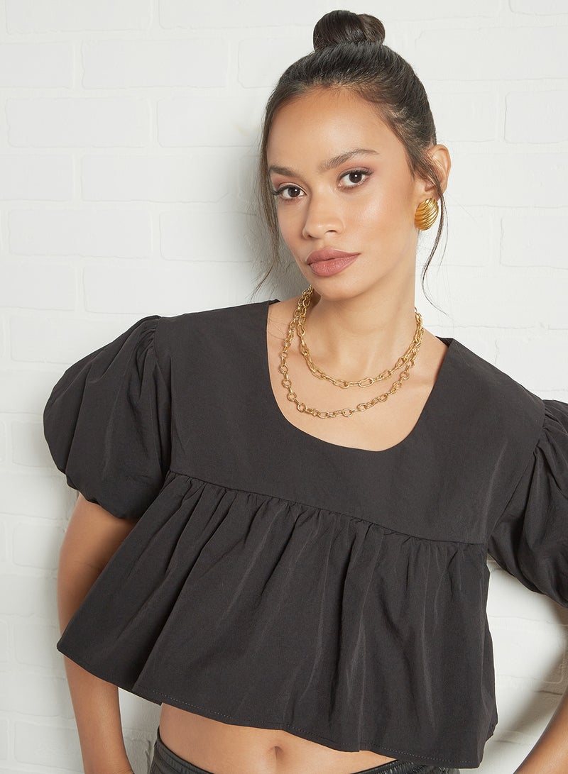Puffed Sleeve Crop Top Black