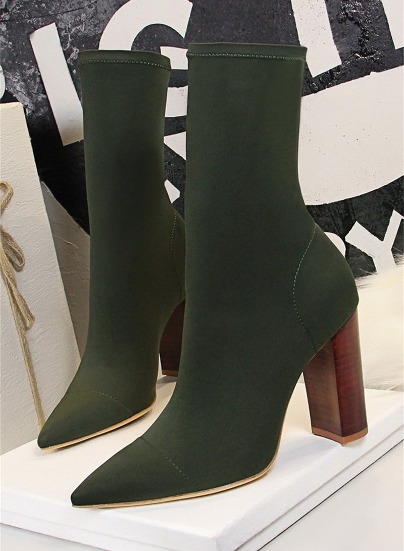 9.5cm European And American Fashion Simple Wood Grain With Thick Heel Pointed Elastic Lycra Slimming Ankle Boots Green