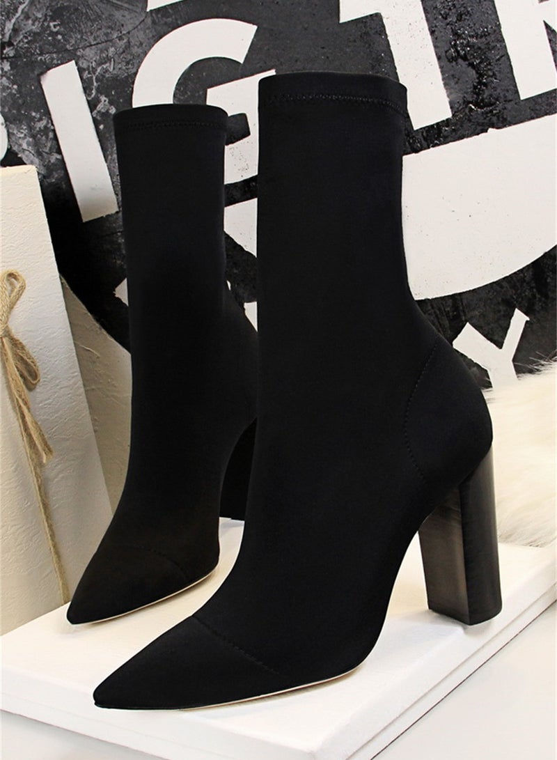 9.5cm European And American Fashion Simple Wood Grain With Thick Heel Pointed Elastic Lycra Slimming Ankle Boots Black