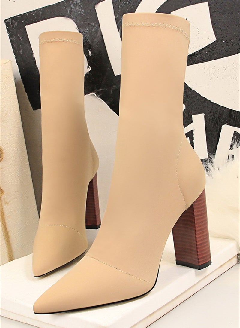 9.5cm European And American Fashion Simple Wood Grain With Thick Heel Pointed Elastic Lycra Slimming Ankle Boots Beige