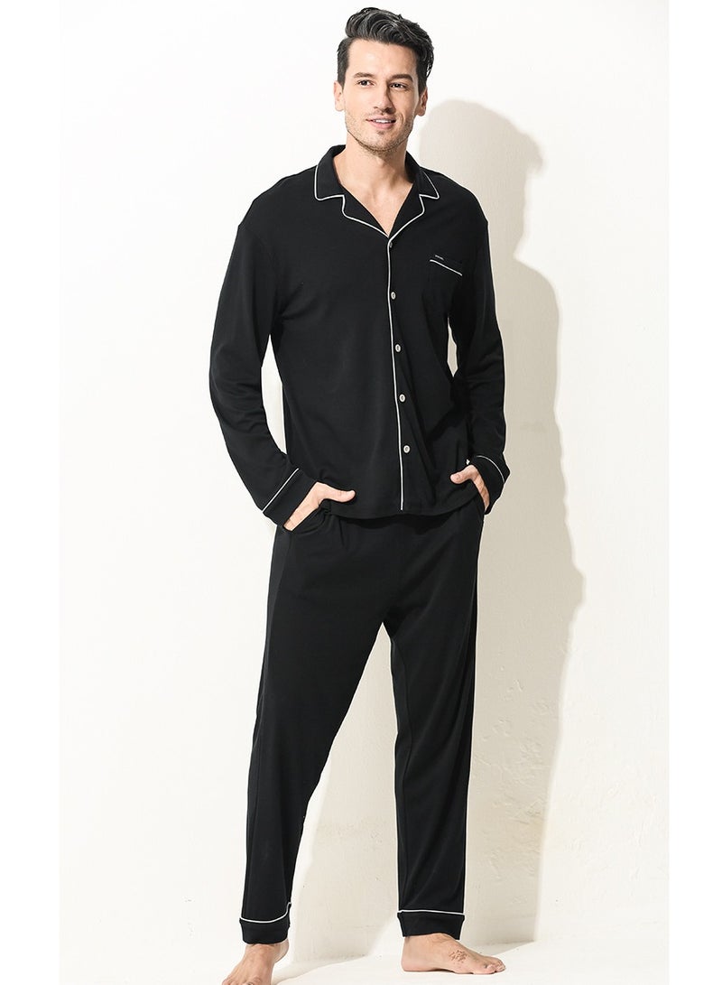 Men's Casual Long Sleeve Lapel Shirt And Pants Set 2-Piece Set Skin-Friendly Pyjamas Sleepwear Lounge Wear Black