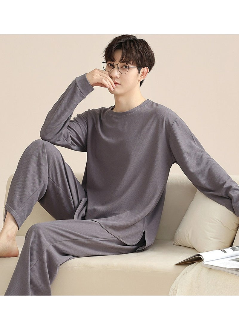 Men's Solid Color 2-Piece Set  Leisure Nightgown Sleepwear Round Neck Long Sleeve Top And Pants Soft Loungewear Pajamas Suit Light Grey