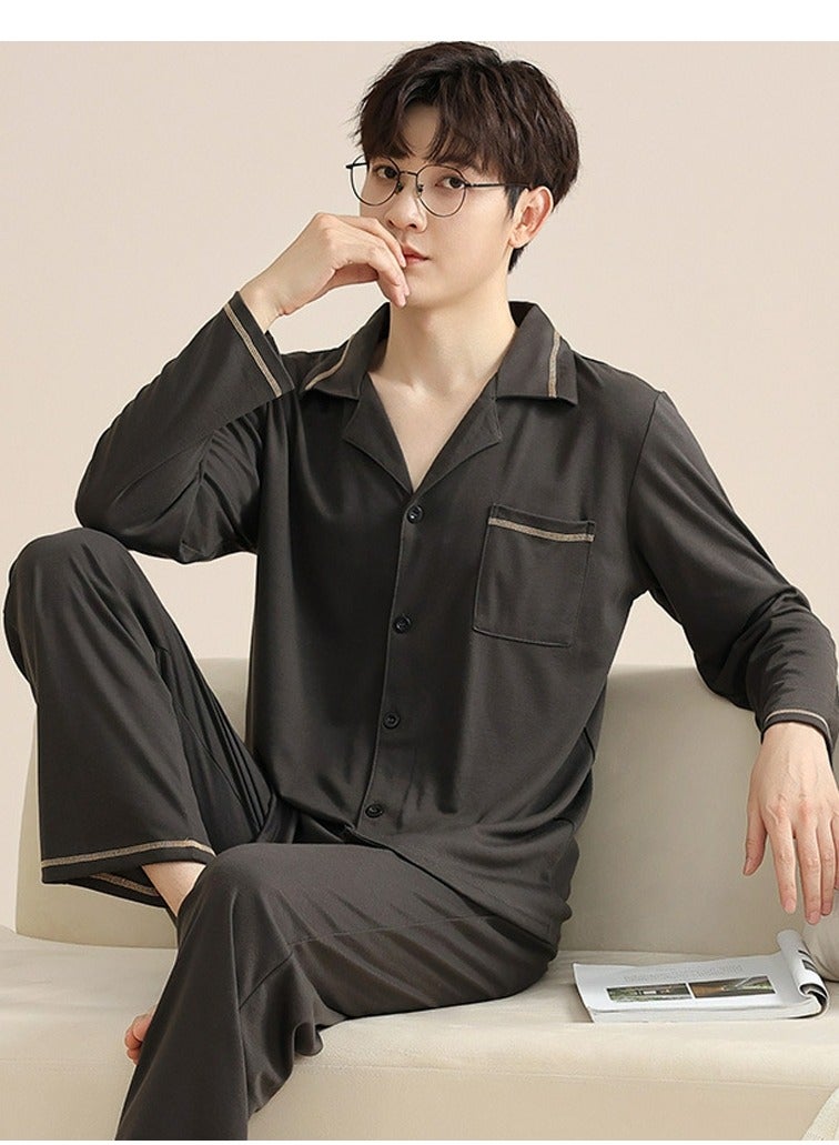 Men's 2-Piece Set Loose Nightgown Sleepwear Long Sleeve Lapel Top And Pants Soft Loungewear Wear Warm Pajamas Suit Brown