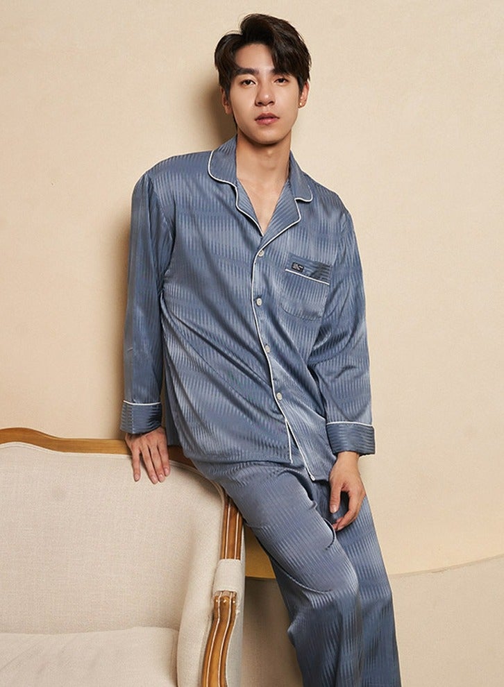 Men's Solid Color 2-Piece Set Loose Nightgown Sleepwear Long Sleeve Lapel Top And Pants Soft Loungewear Wear Pajamas Suit Dusty Blue