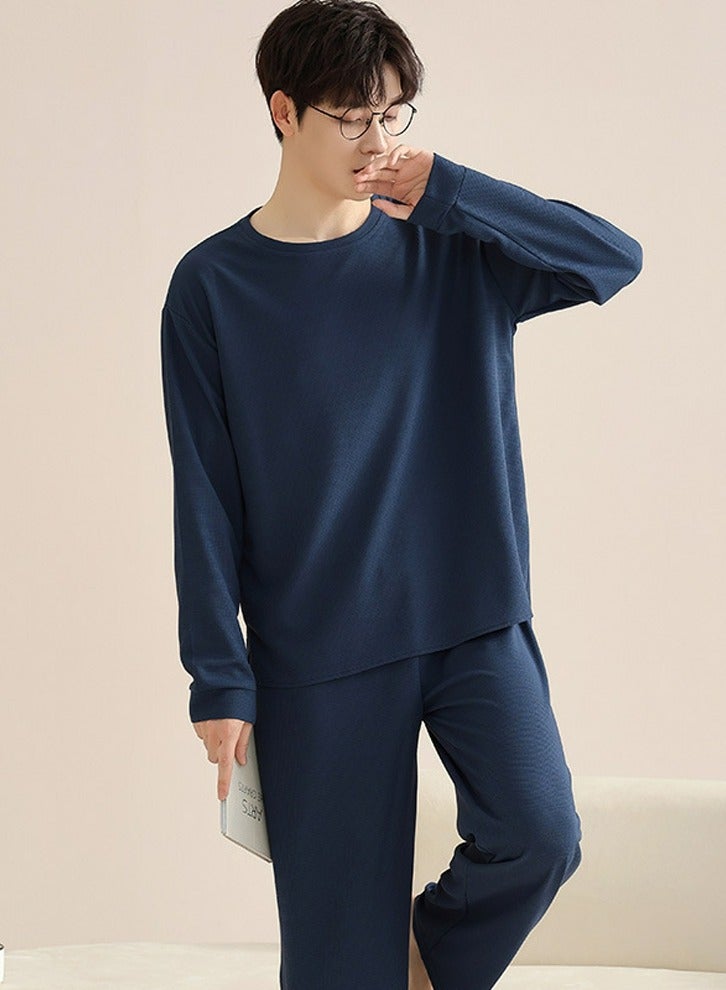 Men's Solid Color 2-Piece Set  Leisure Nightgown Sleepwear Round Neck Long Sleeve Top And Pants Soft Loungewear Pajamas Suit Navy Blue