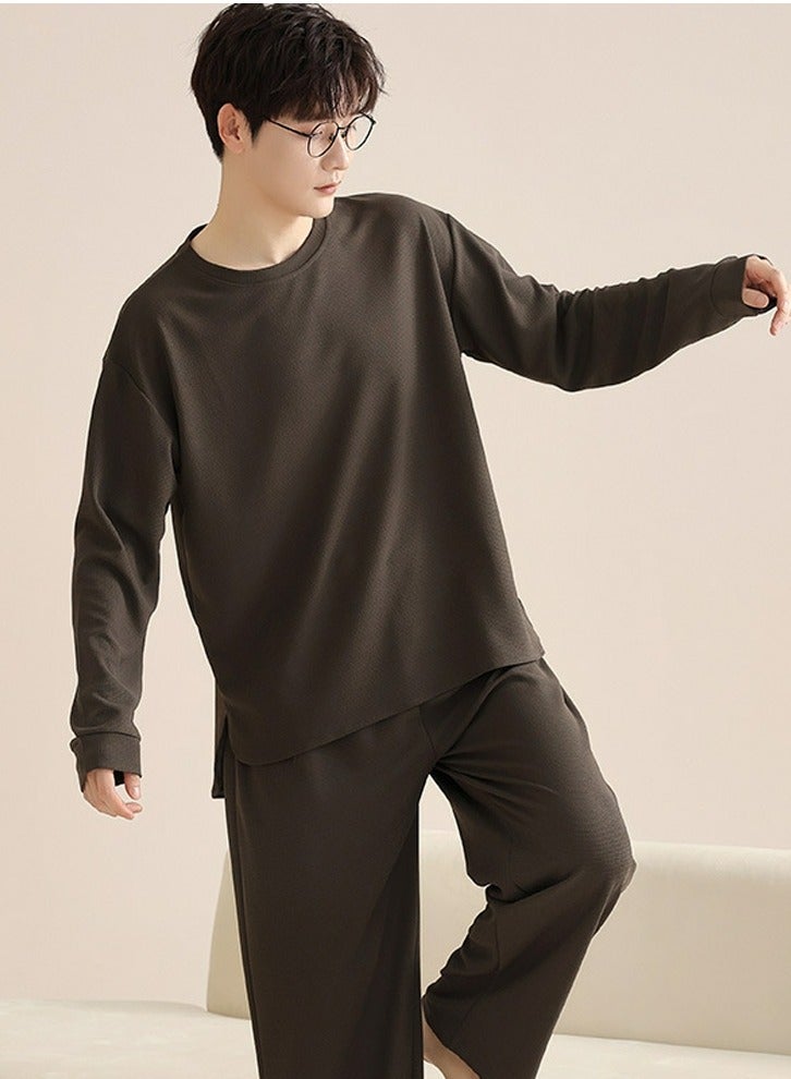 Men's Solid Color 2-Piece Set  Leisure Nightgown Sleepwear Round Neck Long Sleeve Top And Pants Soft Loungewear Pajamas Suit Brown