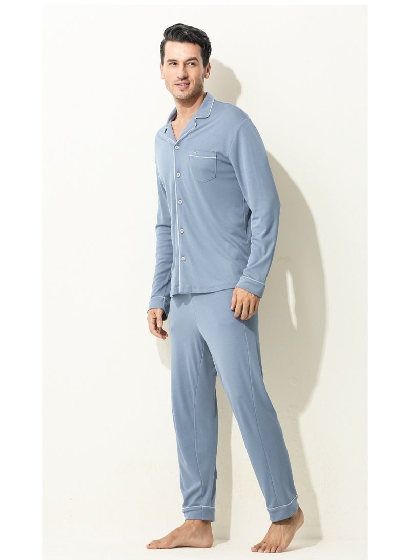 Men's Casual Long Sleeve Lapel Shirt And Pants Set 2-Piece Set Skin-Friendly Pyjamas Sleepwear Lounge Wear Dusty Blue