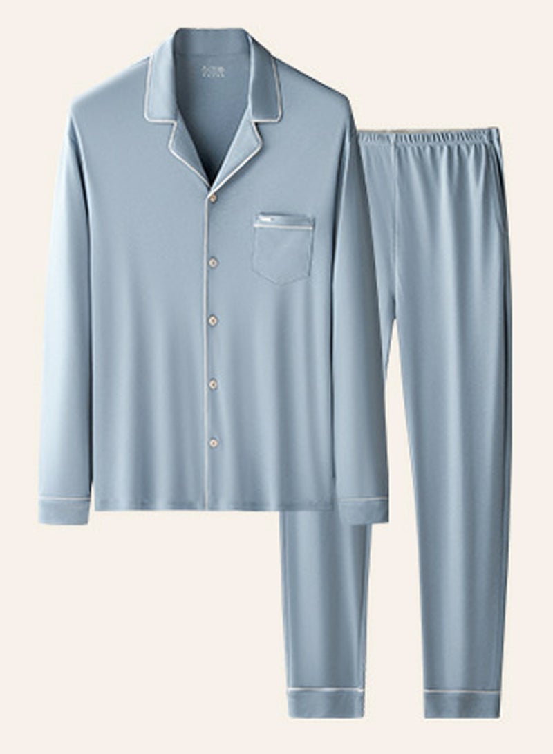 Men's Casual Long Sleeve Lapel Shirt And Pants Set 2-Piece Set Skin-Friendly Pyjamas Sleepwear Lounge Wear Dusty Blue
