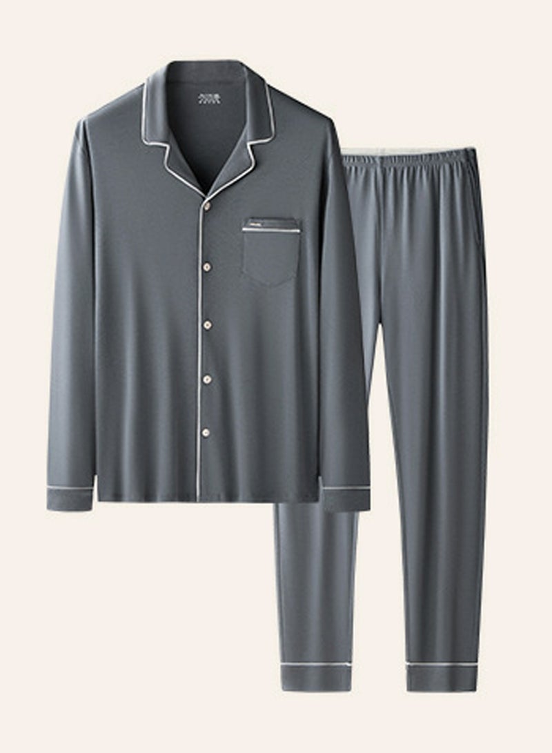 Men's Casual Long Sleeve Lapel Shirt And Pants Set 2-Piece Set Skin-Friendly Pyjamas Sleepwear Lounge Wear Dark Grey