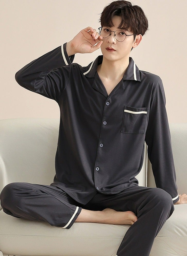 Men's 2-Piece Set Loose Nightgown Sleepwear Long Sleeve Lapel Top And Pants Soft Loungewear Wear Warm Pajamas Suit Dark Grey