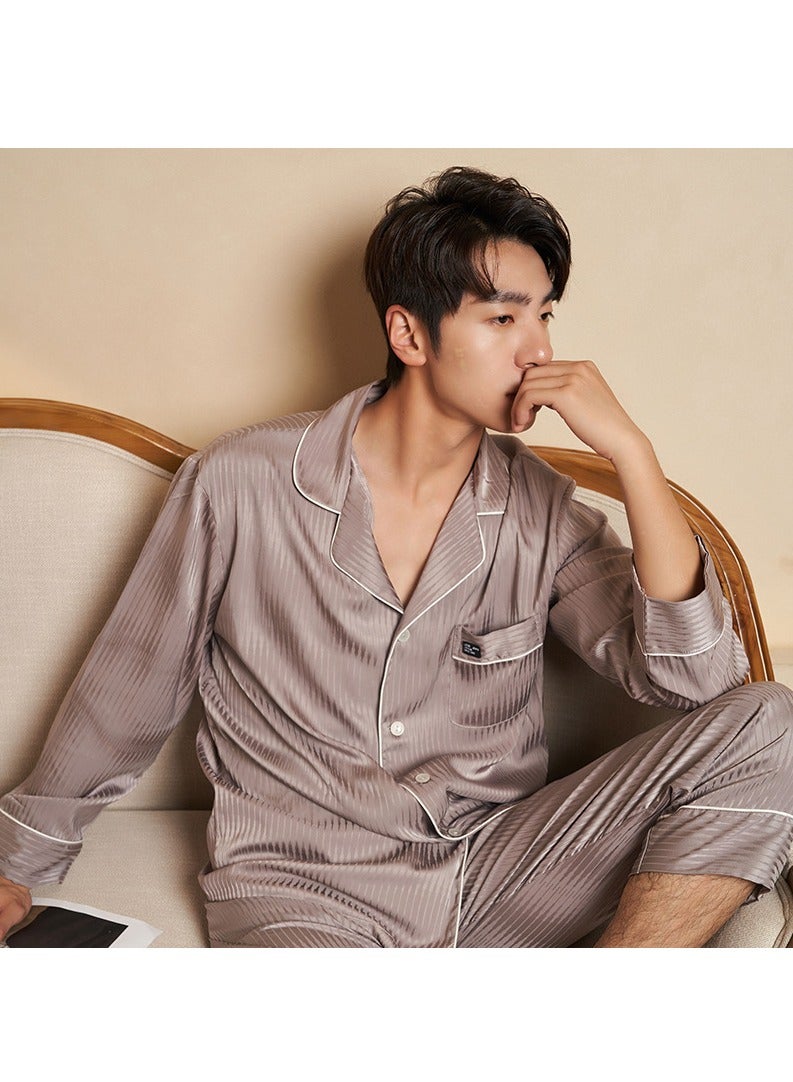Men's Solid Color 2-Piece Set Loose Nightgown Sleepwear Long Sleeve Lapel Top And Pants Soft Loungewear Wear Pajamas Suit Brown