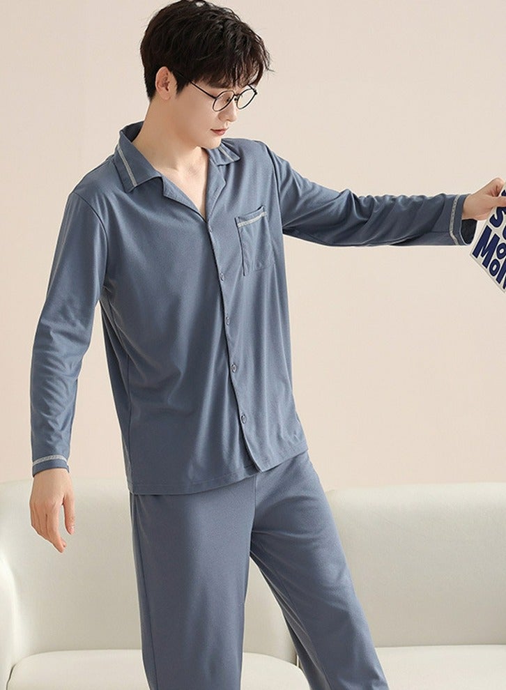 Men's 2-Piece Set Loose Nightgown Sleepwear Long Sleeve Lapel Top And Pants Soft Loungewear Wear Warm Pajamas Suit Greyish Blue