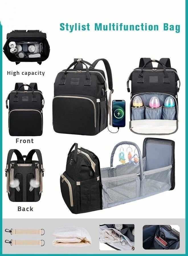 Baby Diaper Bag Backpack, Multifunction Diapers Changing Station & Toy Bar for Outdoor and Travel, Infant Shower Gifts, Large Capacity, USB Port, 3 Toys
