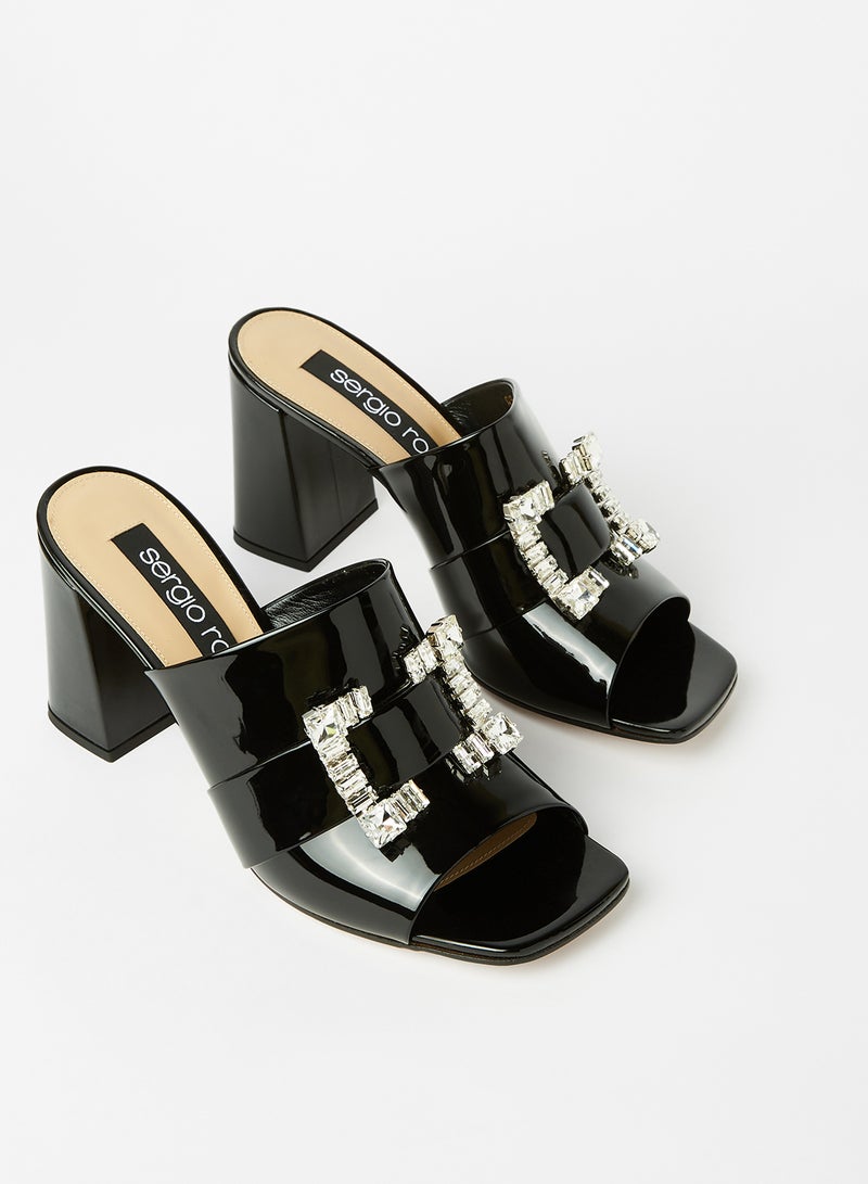 Embellished Block Heel Sandals Black