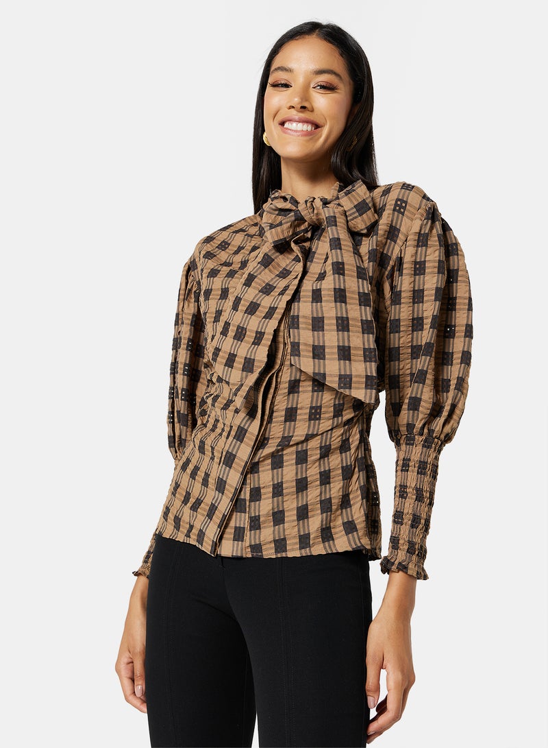 Checkered Neck Tie Shirt Brown