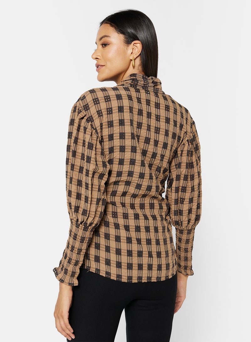 Checkered Neck Tie Shirt Brown