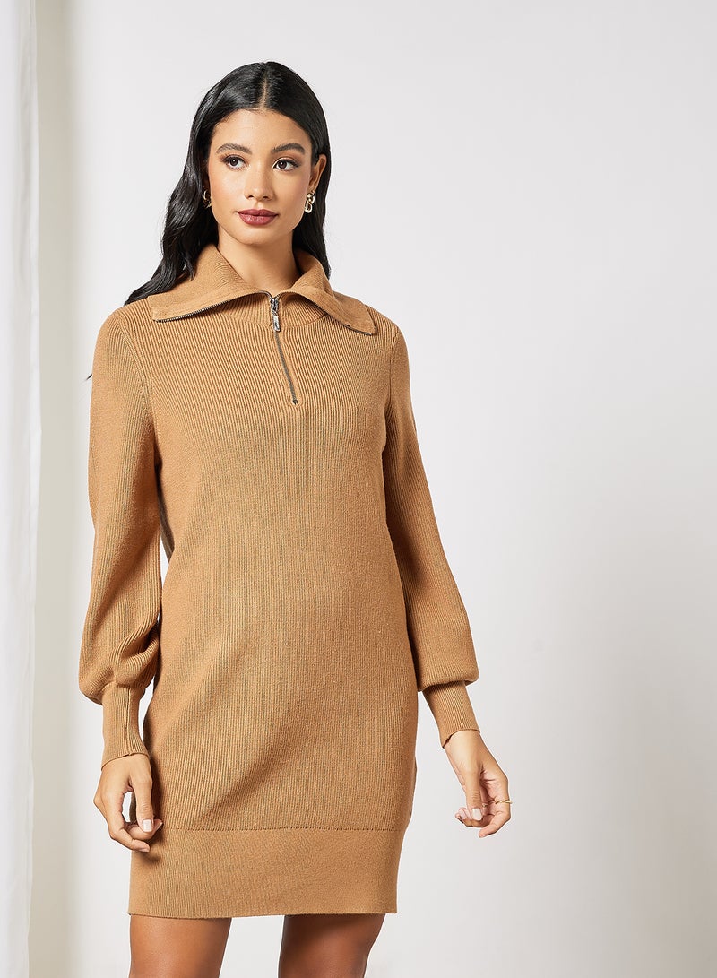 Half-Zip Knitted Dress Brown