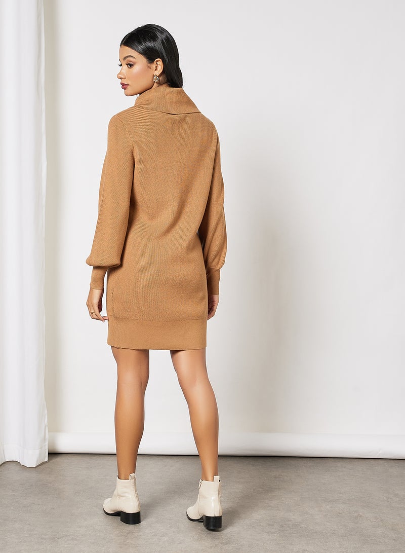 Half-Zip Knitted Dress Brown