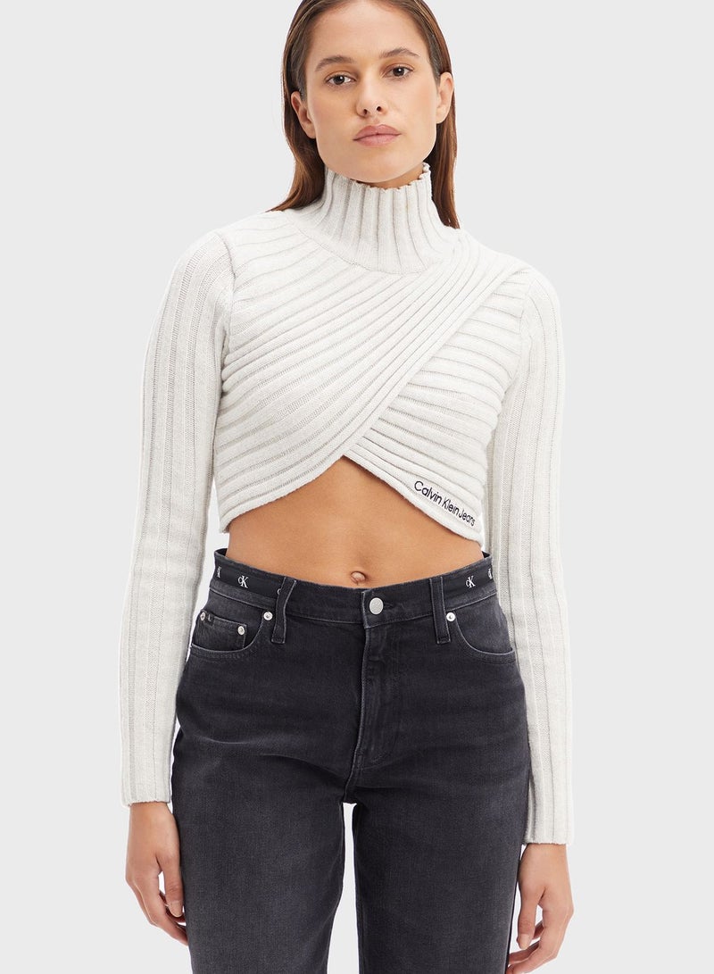 High Neck Crop Wrap Sweater