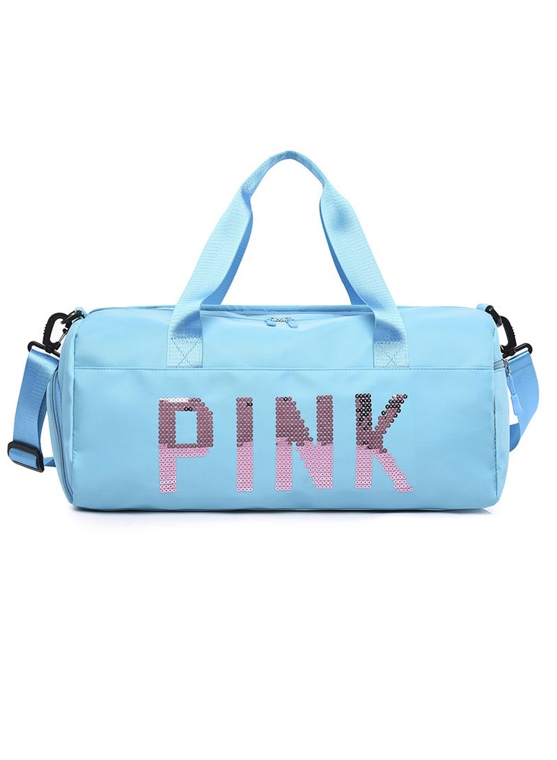 Large Capacity Letter Printed Sequins Luggage Bag Travel Bag Sports And Fitness Bag Dry Wet Separation Duffel Bag Sky Blue/Pink