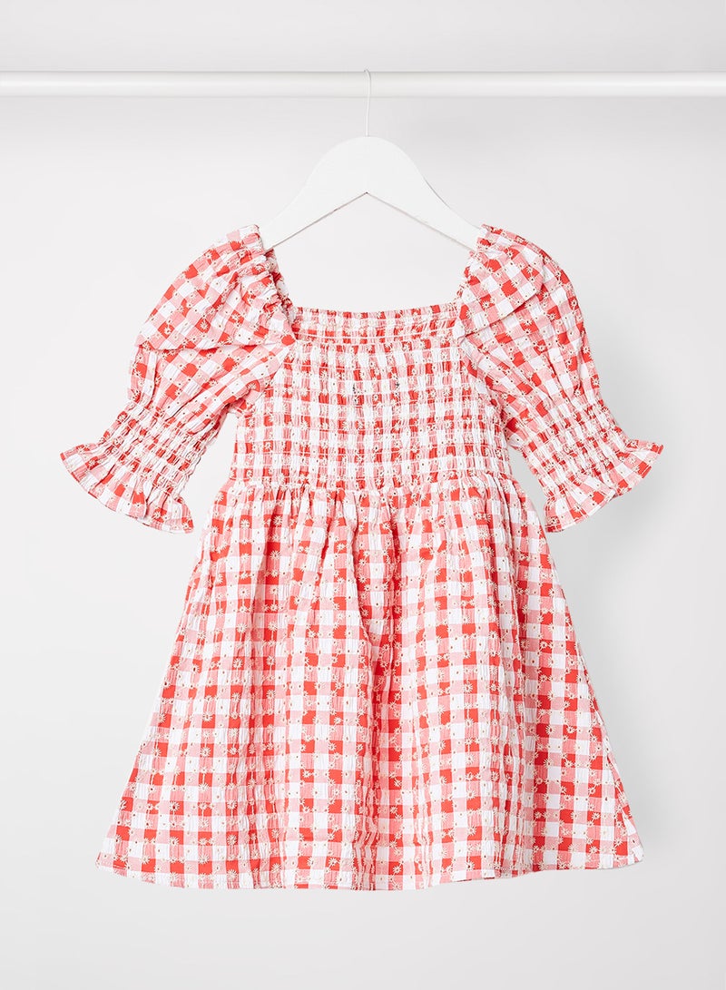 Teen Gingham Shirred Dress Red