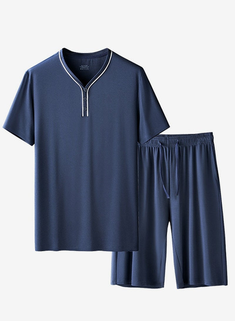 Men's Casual Short Sleeve Pajama Set 2-Piece Set Skin-Friendly Pajamas Sleepwear Lounge Wear Navy Blue