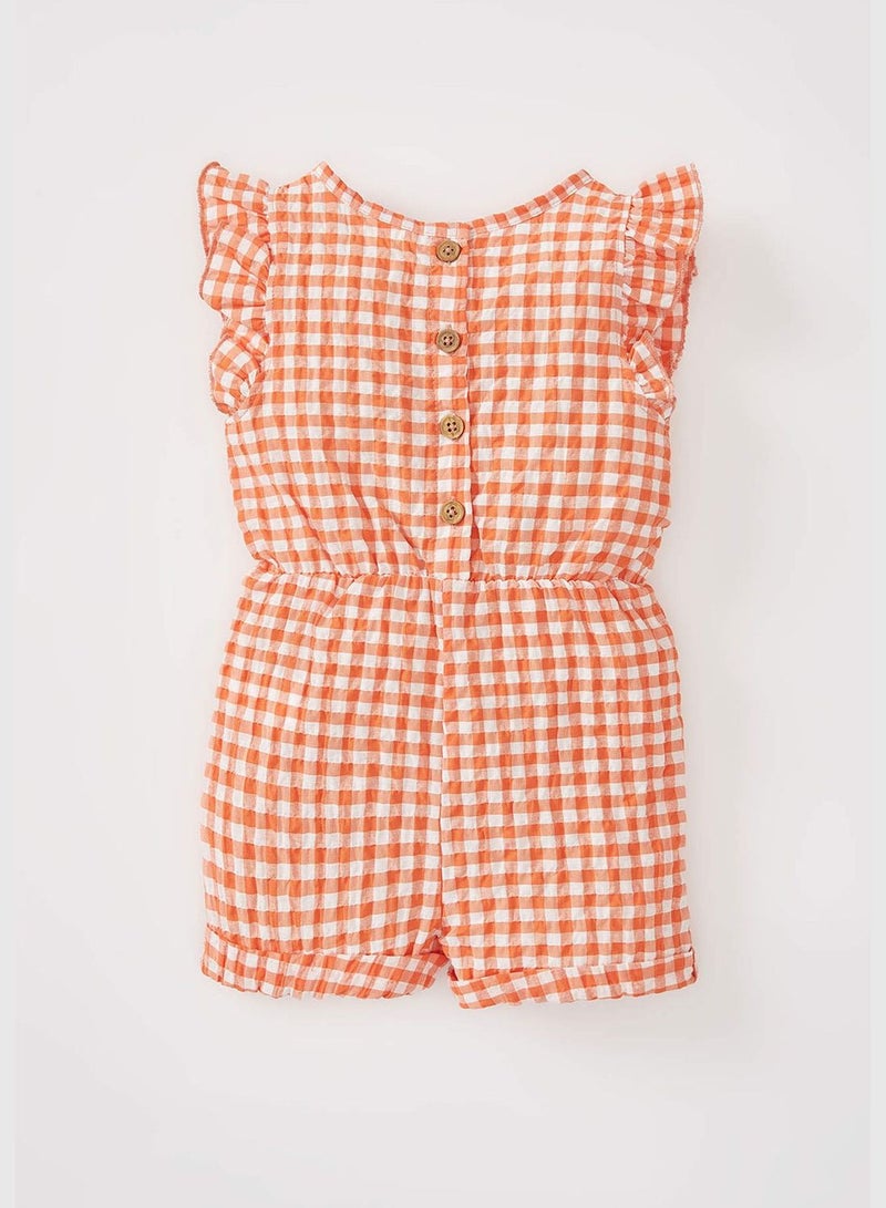 Short Sleeve Frill Detail Check Print Dungarees