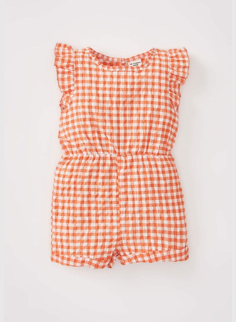 Short Sleeve Frill Detail Check Print Dungarees