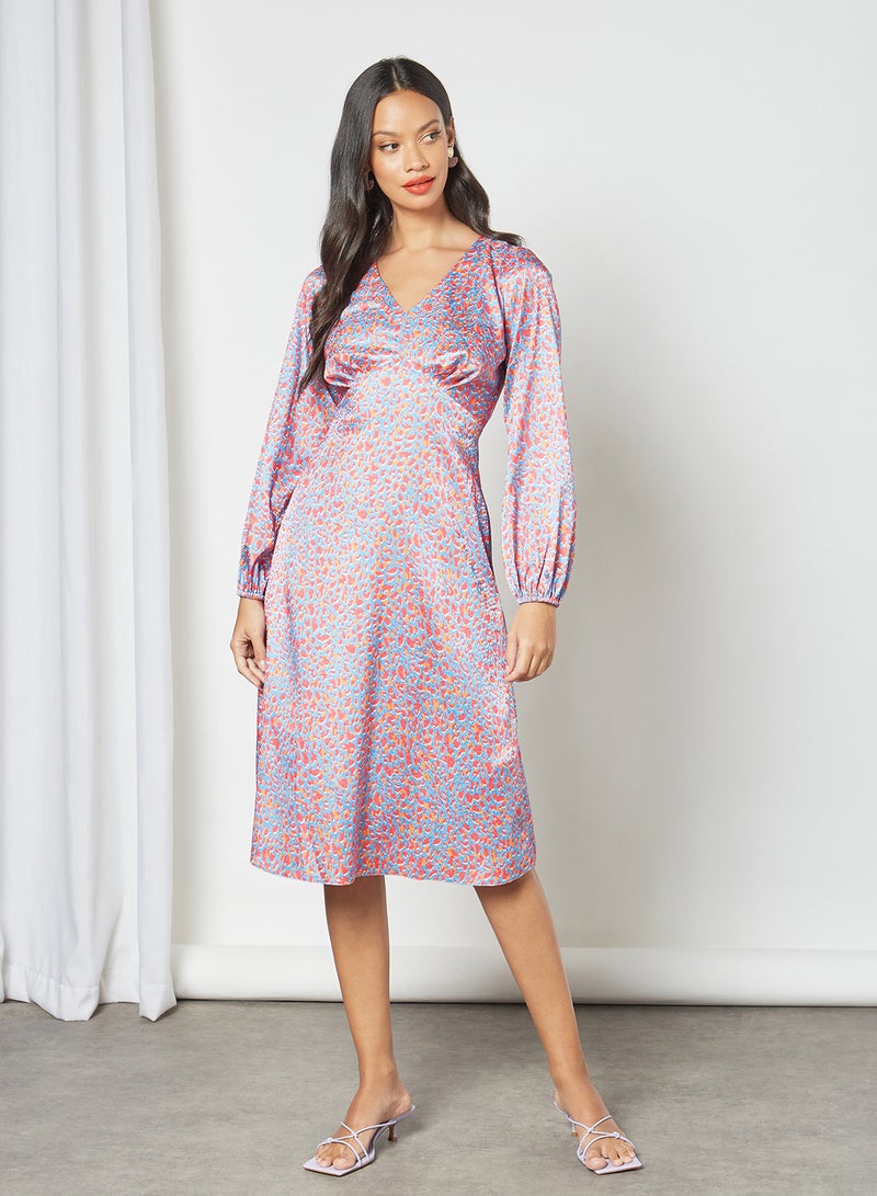 Leopard Print V-Neck Dress Blue/Orange