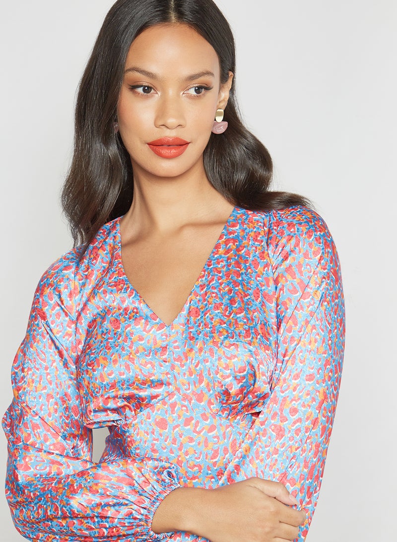Leopard Print V-Neck Dress Blue/Orange