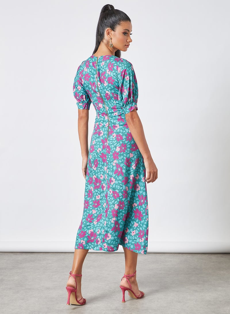 Puff Sleeve Floral Print Dress Turquoise