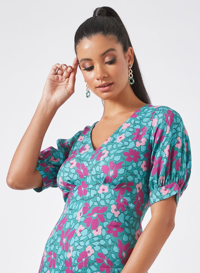 Puff Sleeve Floral Print Dress Turquoise