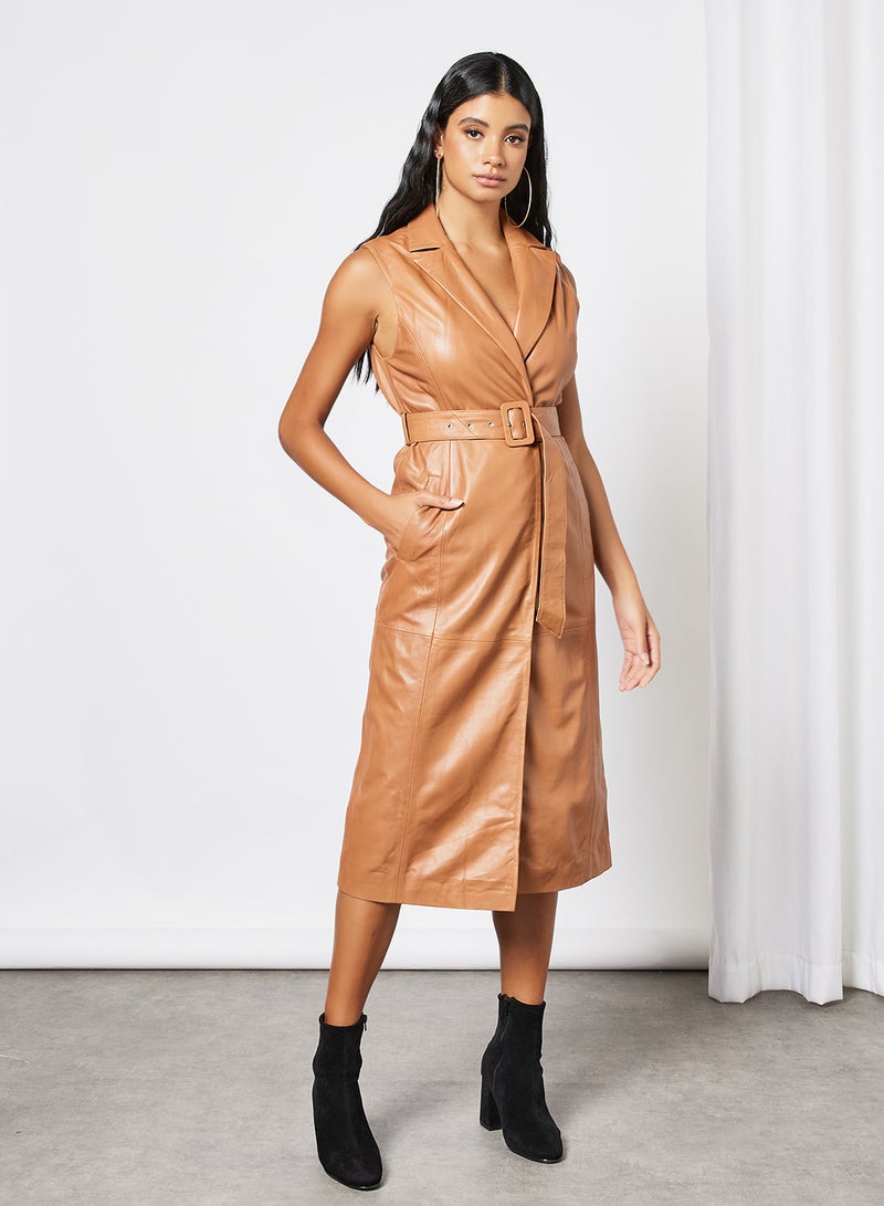 Leather Collared Belted Dress Beige