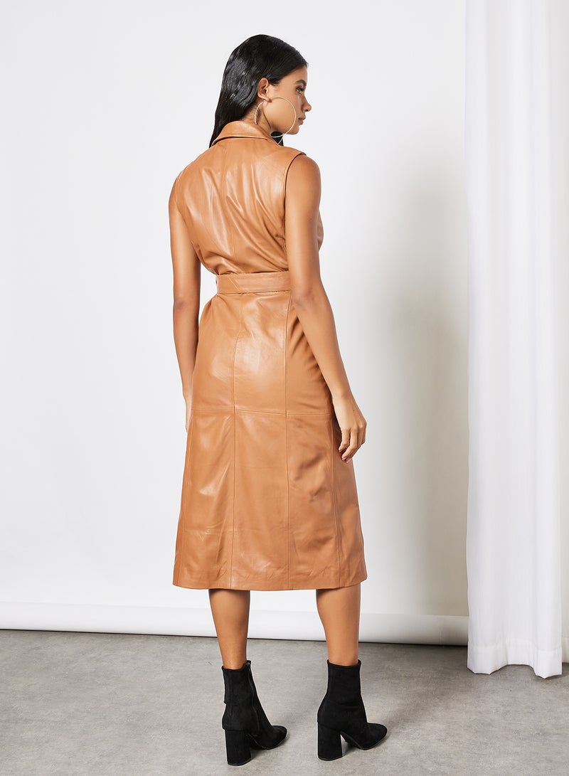 Leather Collared Belted Dress Beige