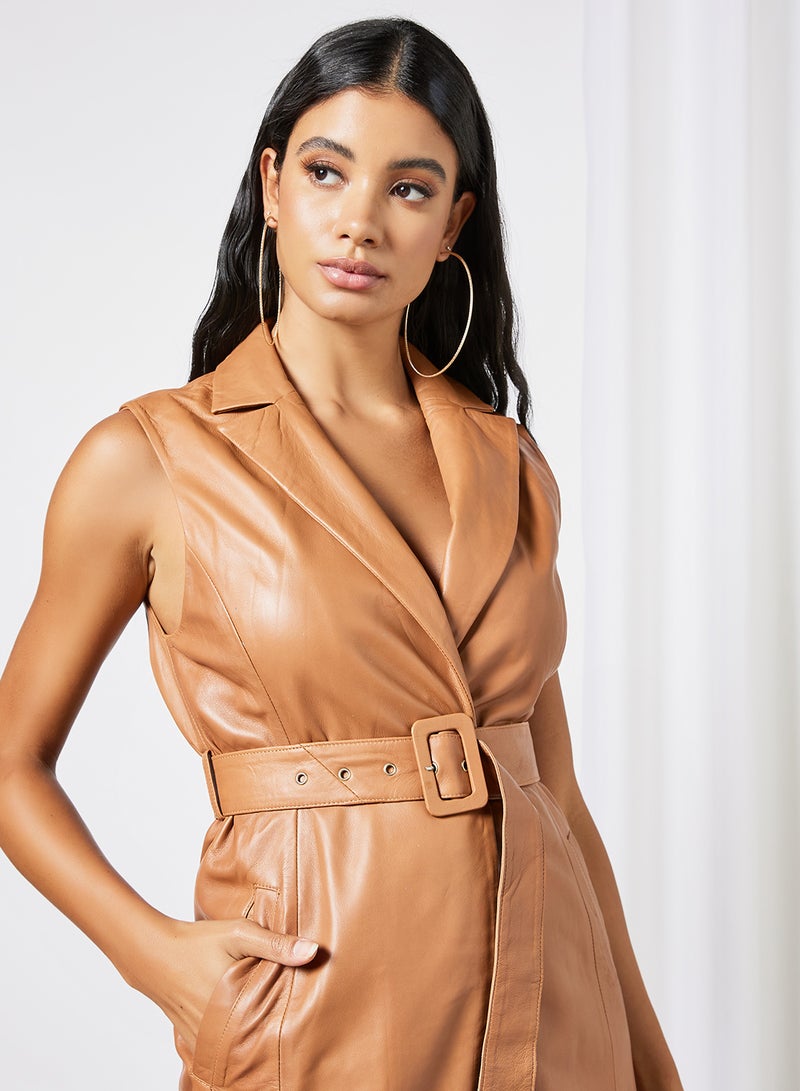 Leather Collared Belted Dress Beige