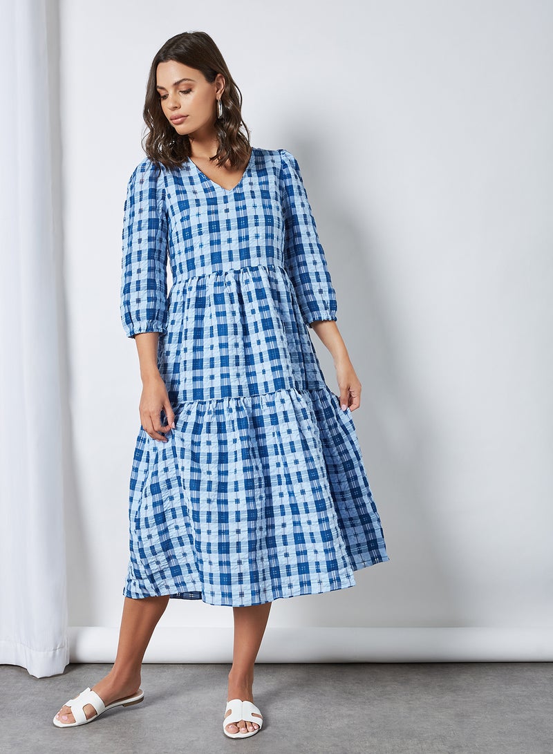 Tiered Checked Dress Dusk Blue