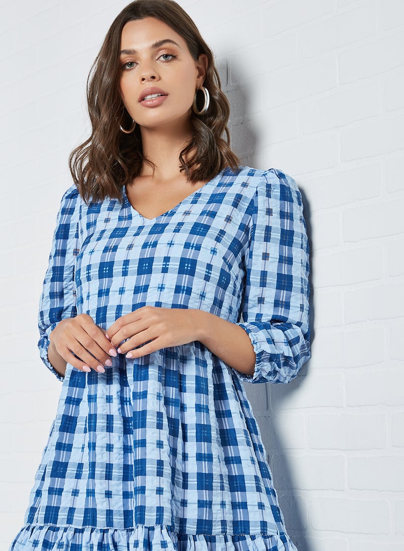 Tiered Checked Dress Dusk Blue