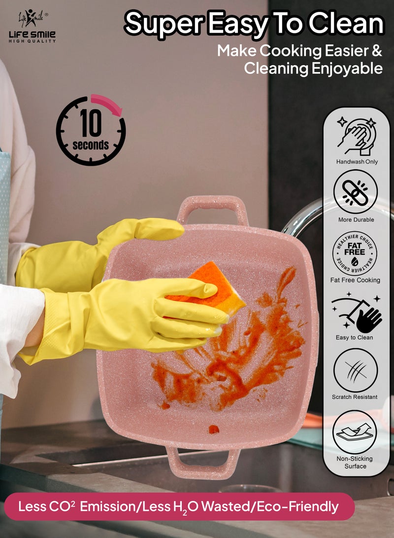 10-Piece Granite Cookware Set - Square Pots and Pans set, Non Stick Kitchen Cooking Set Oven Safe - Pink Granite Set include Soup Pots & Shallow Pot (Pink)
