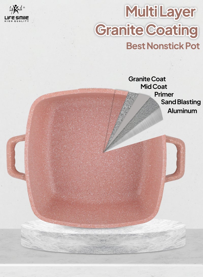10-Piece Granite Cookware Set - Square Pots and Pans set, Non Stick Kitchen Cooking Set Oven Safe - Pink Granite Set include Soup Pots & Shallow Pot (Pink)