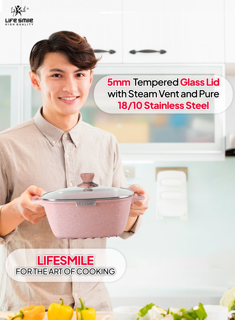 10-Piece Granite Cookware Set - Square Pots and Pans set, Non Stick Kitchen Cooking Set Oven Safe - Pink Granite Set include Soup Pots & Shallow Pot (Pink)