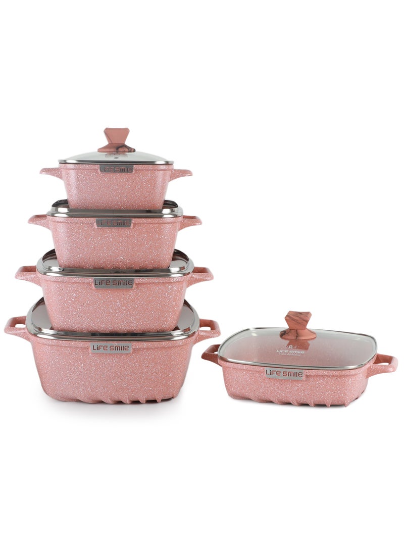 10-Piece Granite Cookware Set - Square Pots and Pans set, Non Stick Kitchen Cooking Set Oven Safe - Pink Granite Set include Soup Pots & Shallow Pot (Pink)