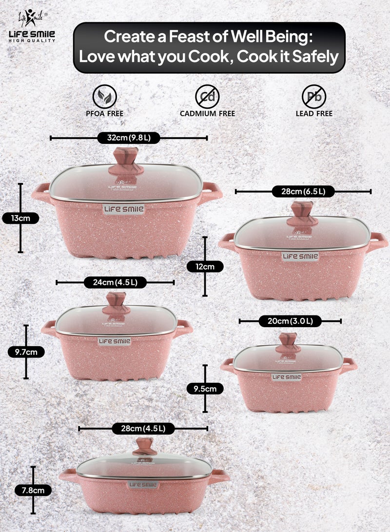 10-Piece Granite Cookware Set - Square Pots and Pans set, Non Stick Kitchen Cooking Set Oven Safe - Pink Granite Set include Soup Pots & Shallow Pot (Pink)