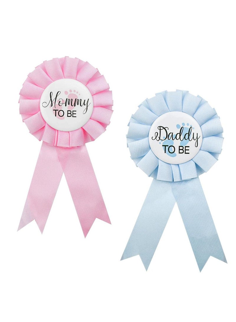 Daddy and Mommy to Be Tinplate Badge Pin, Gender Reveal Button Pins, Rosette Ribbon Baby Shower Decorations, New Mom Gifts for Party Celebration (10 Pcs, Pink + Blue)