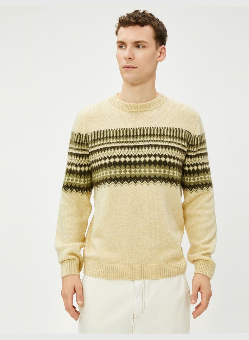 Crew Neck Sweater Acrylic Blend Ethnic Patterned