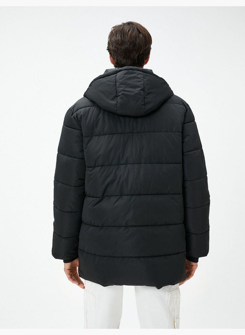 Hooded Pocket Detail Zippered Puffer Coat